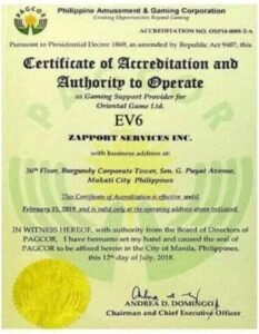 Certificate gaming license of EV6